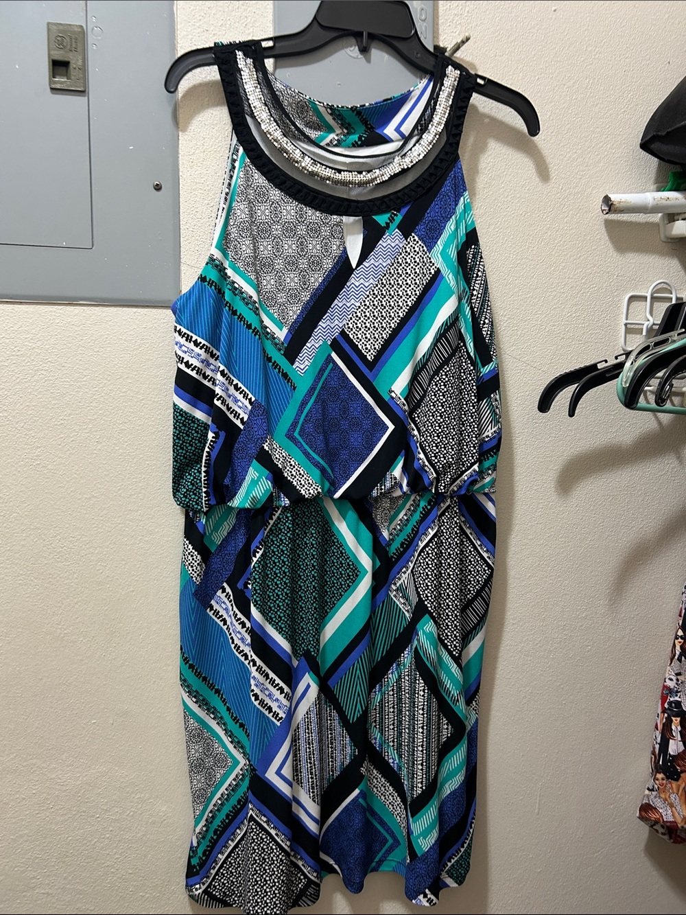 Sleeveless Geometric Print Halter Dress - Blue & Teal